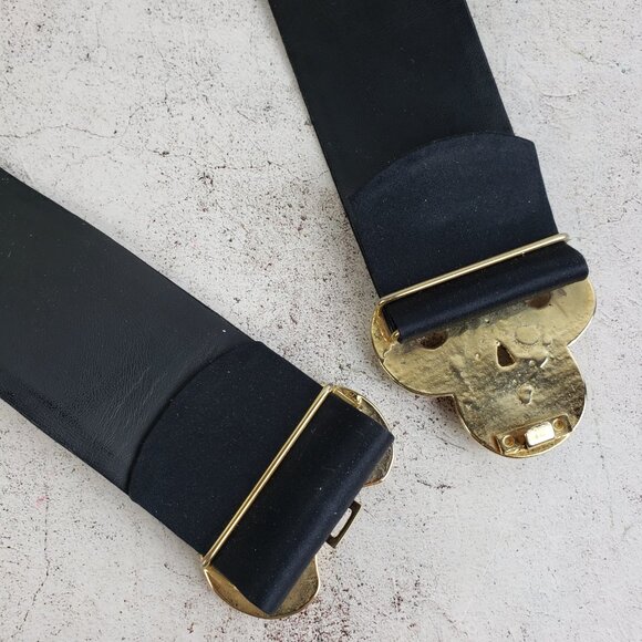 Vintage 80s 90s Wide Statement Belt Black Leather Gold Buckle Adjustable Disco main image 5